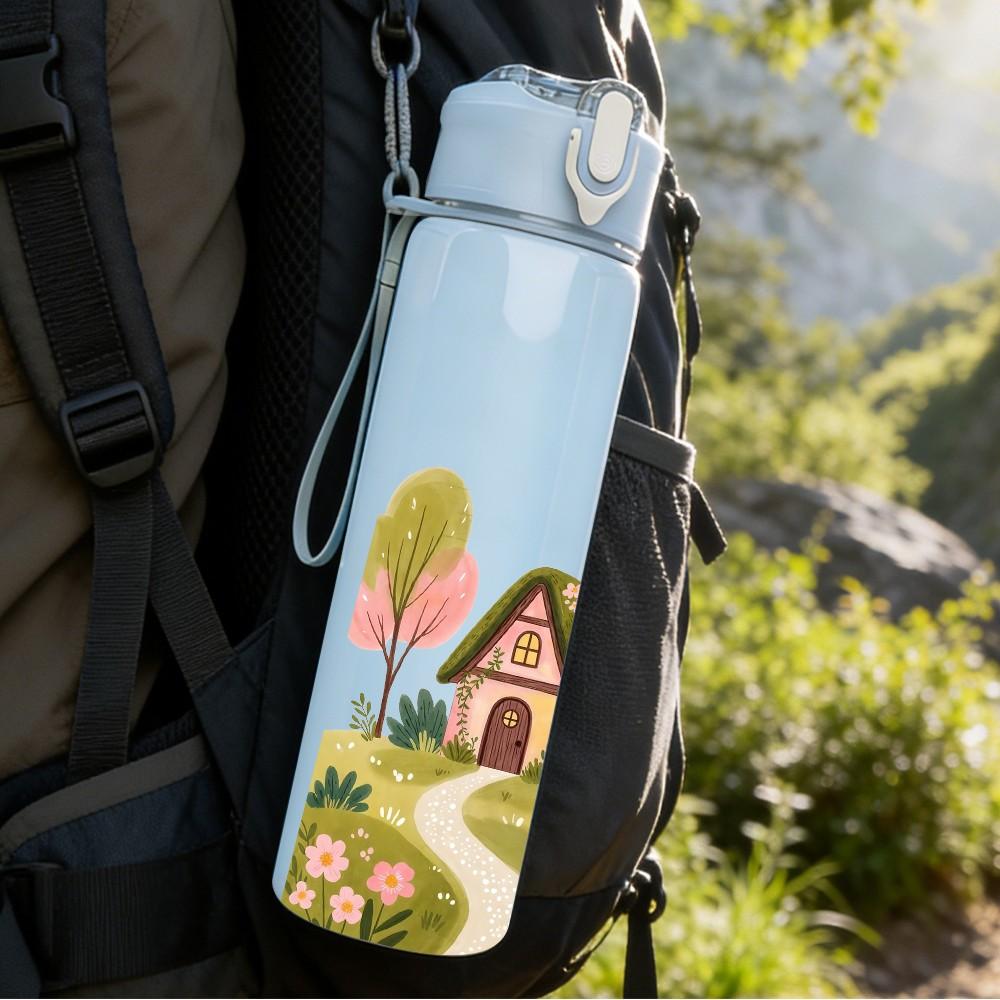 1PC Country House Garden Scene Print 750ml Color Plastic Sports Water Bottle Leakproof Flip Straw Lid Suitable for Sports Office Home Use