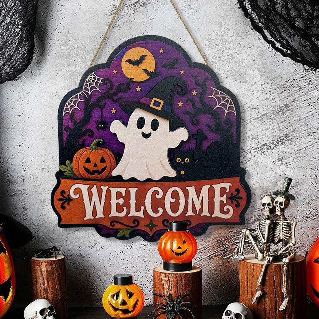 Welcome Door Plaque Wooden Halloween Wooden Door Sign Wooden Decorative Sign Natural Wood Halloween Welcome Sign For Holiday