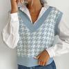 Women's Fashion Casual Houndstooth Print Autumn Winter Sleeveless V-Neck Sweaters