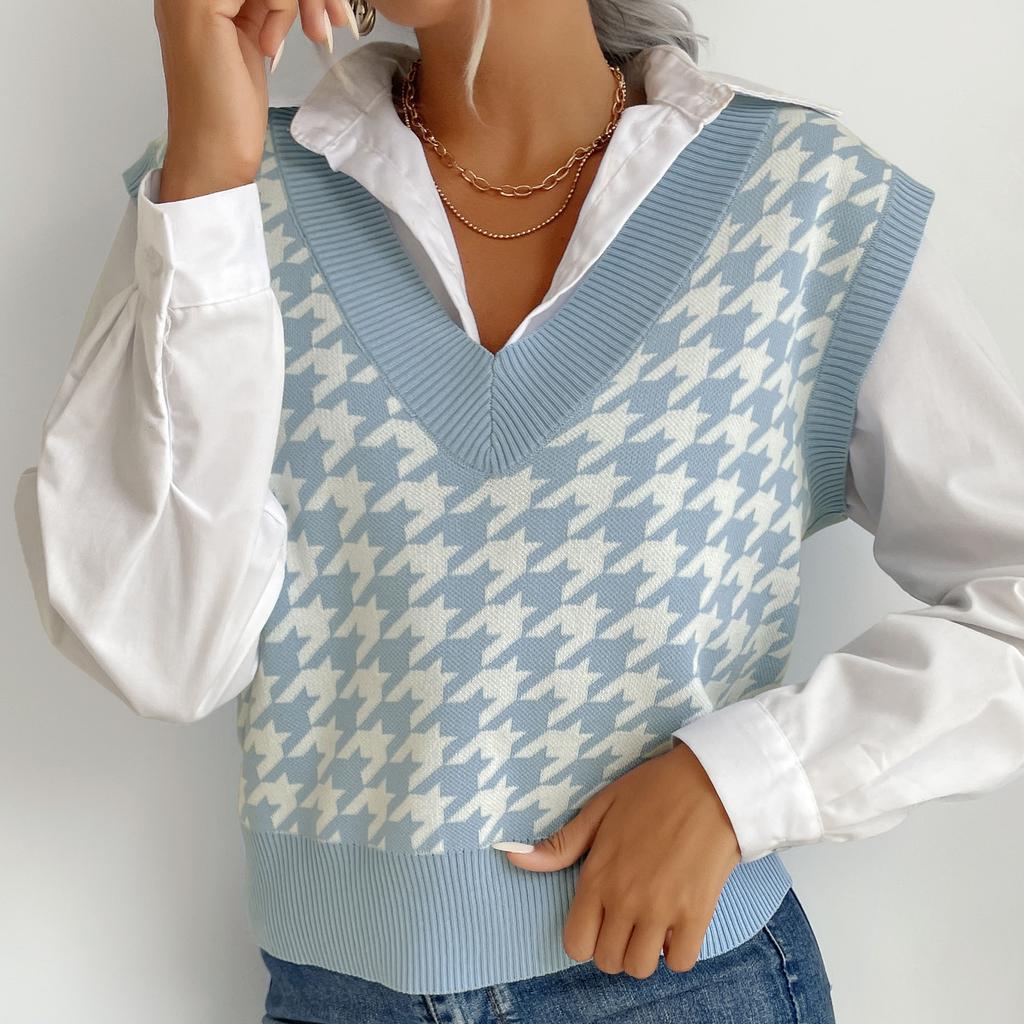 YYFS Women's Fashion Casual Houndstooth Print Autumn Winter Sleeveless V-Neck Sweaters