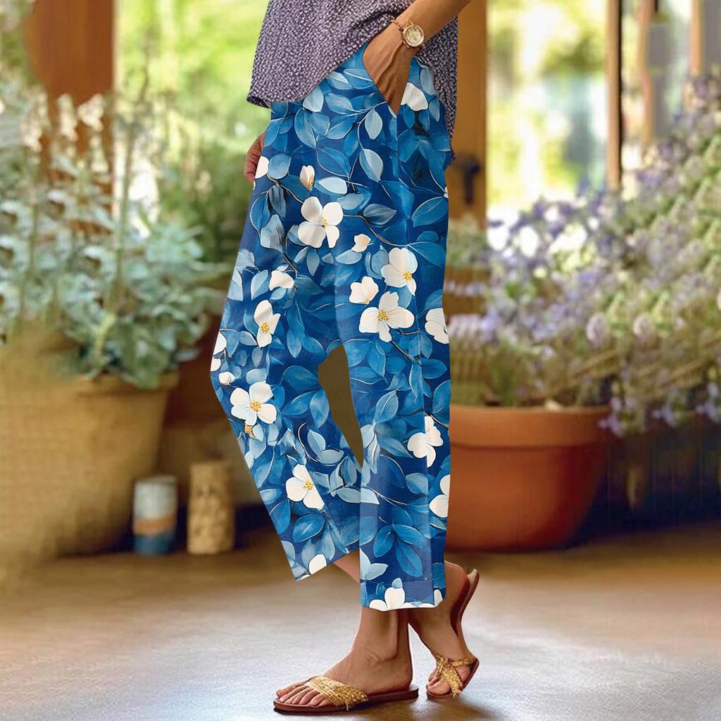Women's Fashionable Floral Print Straight Leg Pocket Elastic Waist Casual Pants Pants