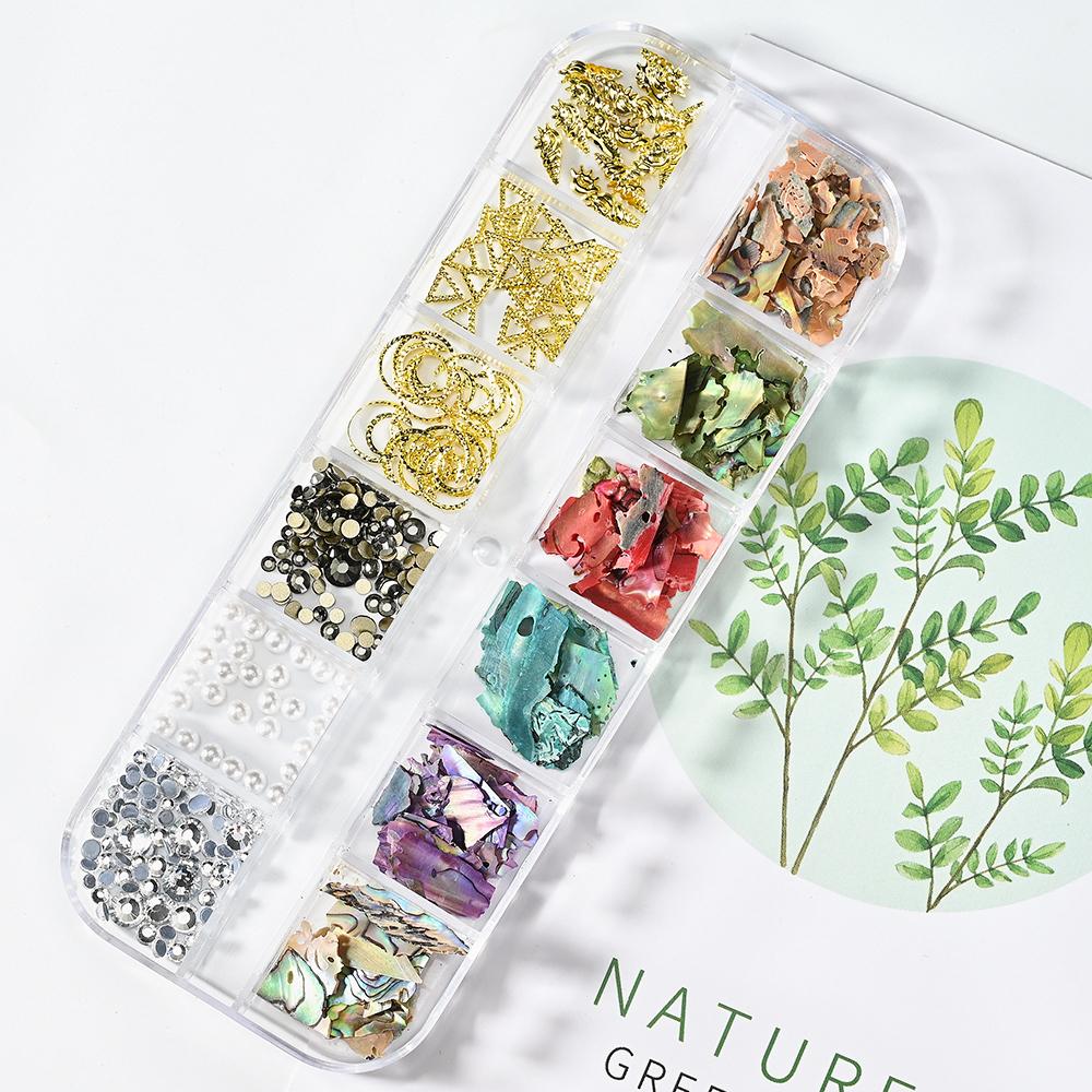 12 Grids Abalone Seashell Nail Art Slices Holographic 3D Mermaid Irregular Nail Art Glitter Flakes Manicure Sparkly Decoration T