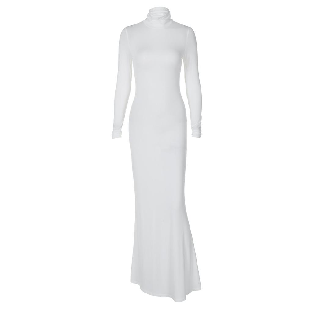 French Fashion Women's Autumn Slim Temperament Solid Color High Neck Long Sleeve Bag Hip Long Dress