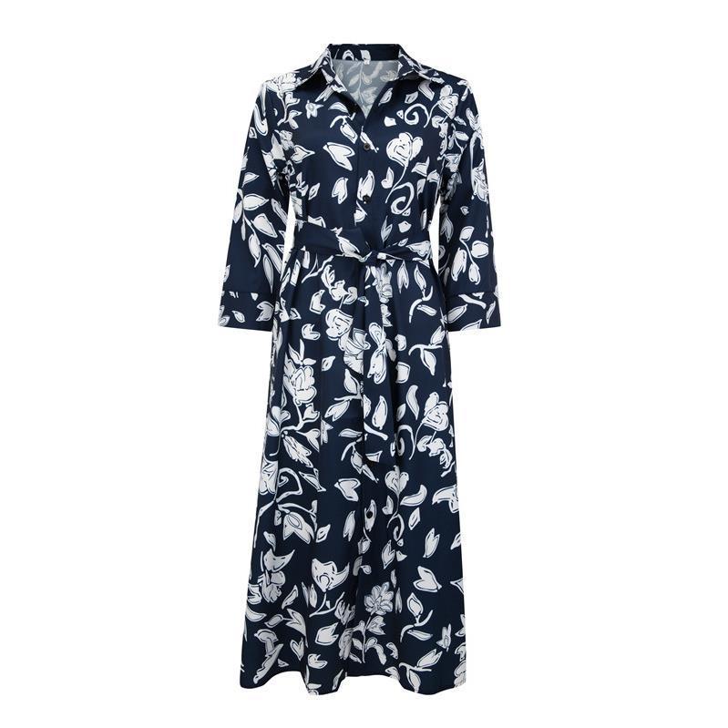 Женское летнее длинное платье-рубашка с принтом, рукавами-девятками и воротником 2024 года