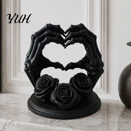Spooky Tabletop Figurines 3D Printed Heart Shape Skeleton Hand Ornament, Gothic Rose Skull Statue Dark Home Aesthetic Accessories for Decor,