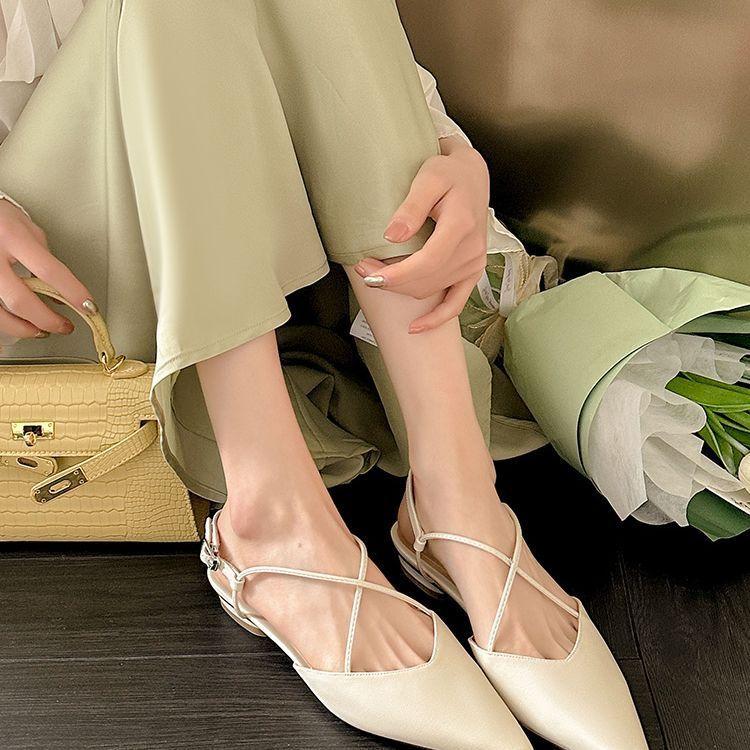 Sexy bag head silver sandals women's 2025 summer French cross-strap empty flat heel single shoes light mouth pointed flat shoes