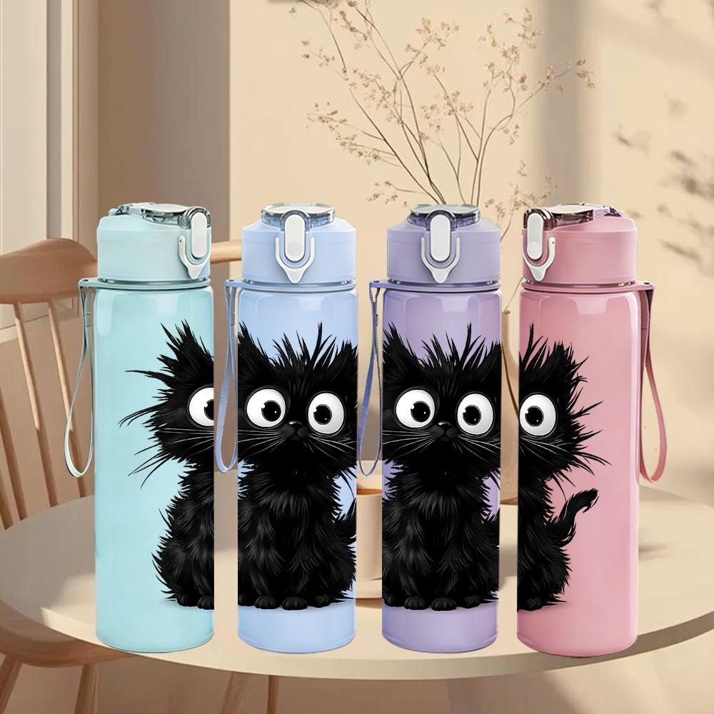 1PC Fluffy Black Cat Cartoon Print 750ml Color Plastic Sports Water Bottle Leakproof Flip Straw Lid Suitable for Sports Office Home Use