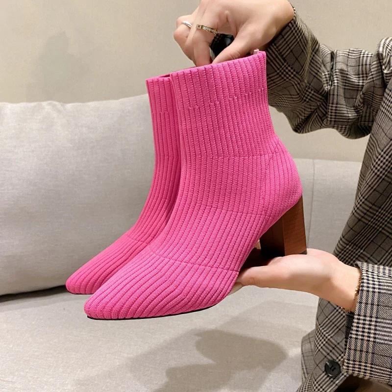 Мода Зима Вязаные Носки Ботильоны Женская Обувь Высокие Каблуки Острый Носок Ботильоны Бренд 2025 Тренд Новый Комфорт Элегантное Платье Ботас Мухер