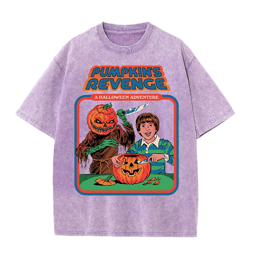2026 Vintage Washed Beige Pumpkins Revenge Halloween Retro Comic Graphic T Shirt Horror Cartoon Oversized Casual Short Sleeve T