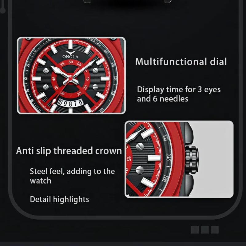 ONOLA Модные квадратные новые мужские часы с тремя циферблатами, календарем, многофункциональные кварцевые водонепроницаемые часы на ремешке