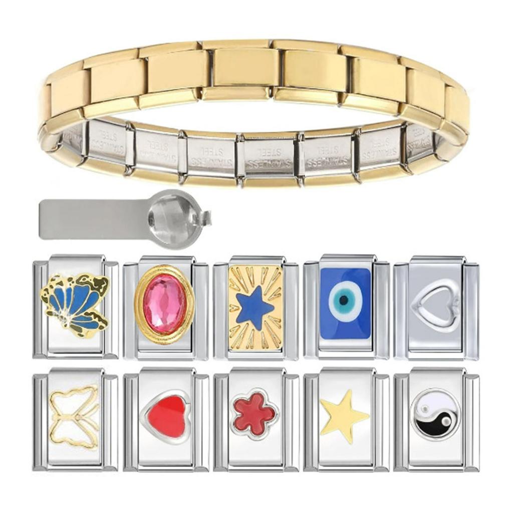Stainless Steel Italian Style Charms Artisanal Italian Charm Bracelet Set Sturdy Links with Easy To Use Opening Tools