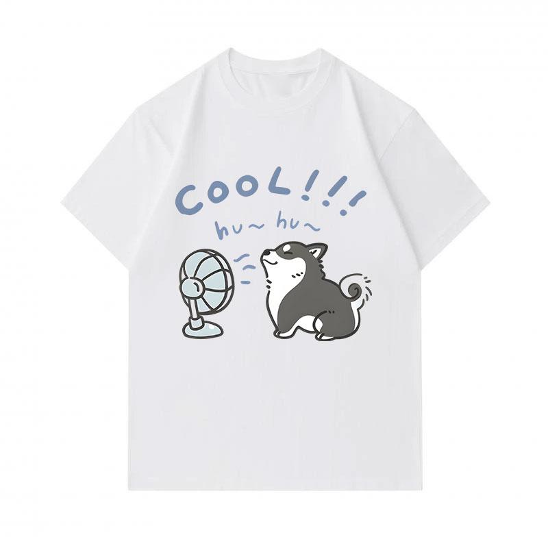 Men's 100% Cotton Crew Neck Short Sleeve T-Shirt, Cute Cartoon Alaskan Malamute Enjoying Cool Fan Printed Casual Summer Lightweight Breathable Soft Fi