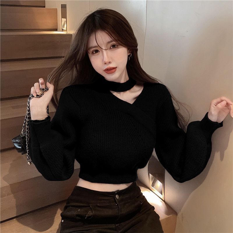 Korean Irregular Hanging Neck Short Pullover Sweater Women Sweet and Spicy High Waisted Sweater Caution Pullover Female Tops