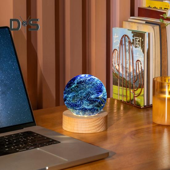 Faux Crystal Glass Balls USB Powered LED Chakra Ball with Wooden Base Ice Cracked Spheres Night Light for Meditation Home Table Decor