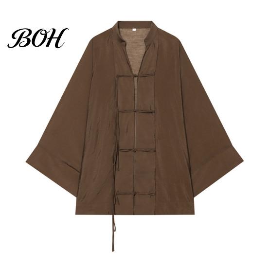 Durable Polyester Blouse Women Stand Collar Shirt, Chinese Frog Button for Early Meditation Clothing Fall, Loose Casual Solid Color Long Sleeve