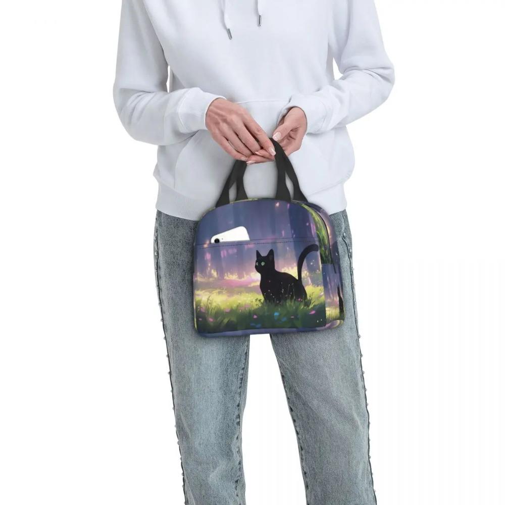 A Black Cat Walking Anime Insulated Lunch Bag for Women Children Leakproof Food Boxes Thermal Lunch Box Tote