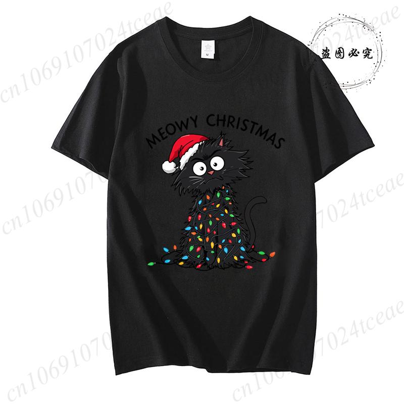 Women'S Casual Graphic T-Shirt - Meowy Christmas Print, Short Sleeve O Neck Top for Christmas Xmas T-Shirts Christmas Santa Tees