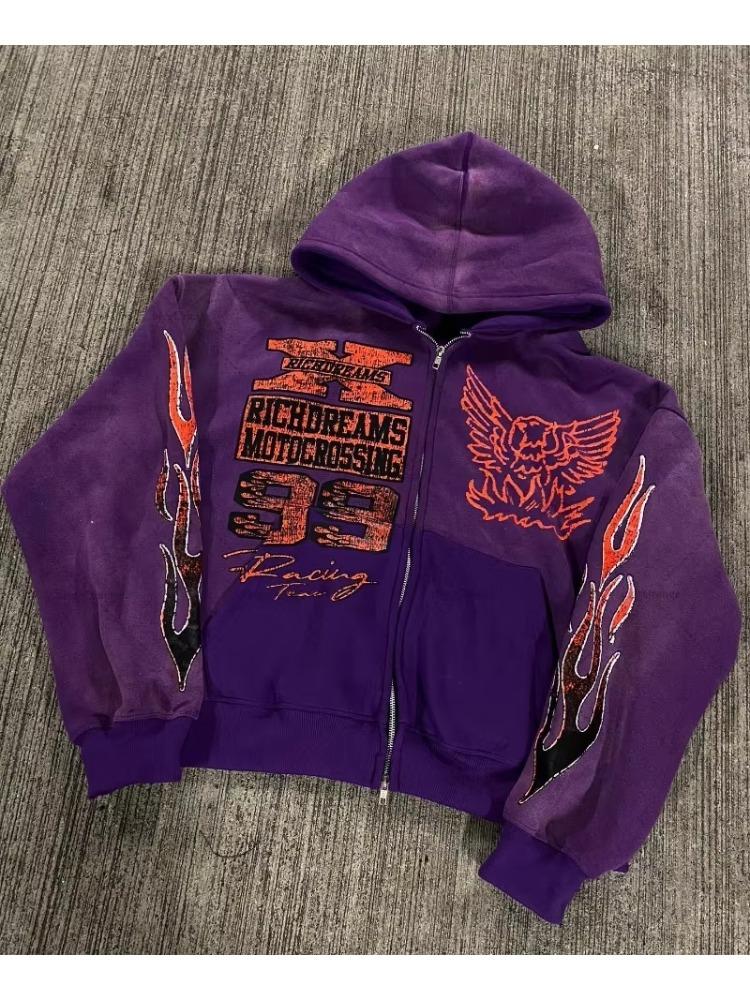 Европейская и американская мода повседневная свободная толстовка с капюшоном для мужчин Y2k ретро аниме принт куртка готическая толстовка на молнии в стиле Харадзюку