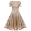 Ladies Solid Color V-neck Mid-length Lace Swing Dress
