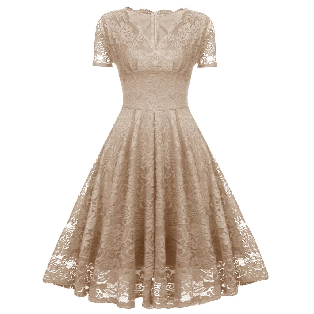 Ladies Solid Color V-neck Mid-length Lace Swing Dress