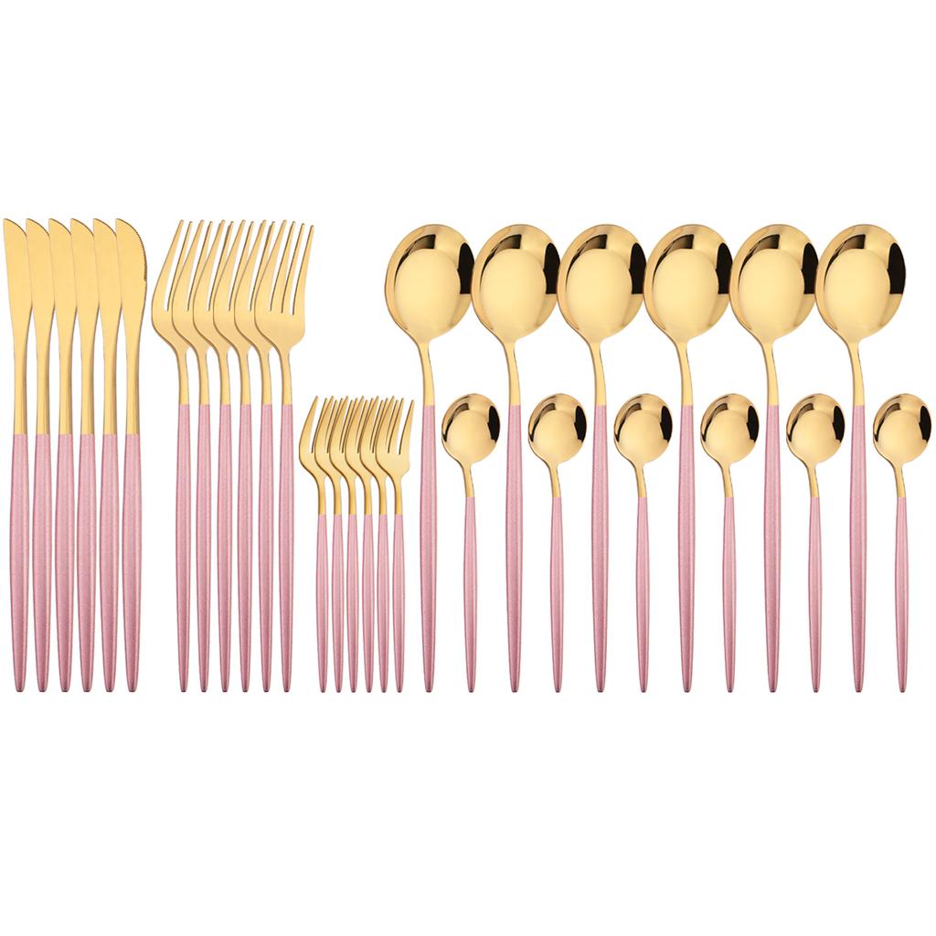 30Pcs Red Gold Dinnerware Set Western Stainless Steel Cutlery Knife Cake Forks Tea Spoon Flatware Silverware Kitchen Tableware