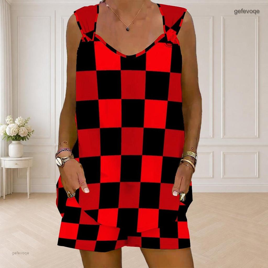 Women Plus Size Sleeveless V Neck Red Black Checkered Printed Two Piece Set Ring Strap Tank Top With Pockets Shorts