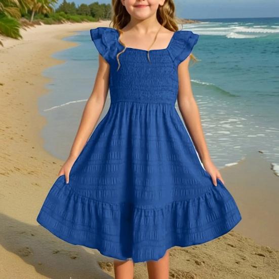 Girls Summer Dress Smocked Ruffle Sleeve Square Neck A-Line Sundress Cute Princess