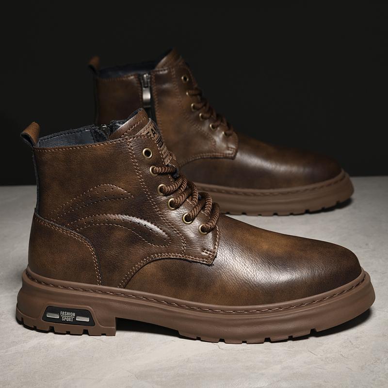 British Men Casual Ankle Boots Outdoor Antiskid Motorcycle Boots High Top Genuine Leather Basic Boot Thick Bottom Round Toe Boot