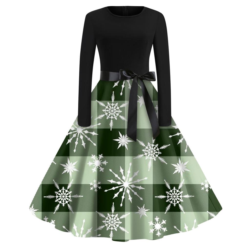 Женская мода с круглым вырезом, повседневные тонкие рождественские платья с длинным рукавом и принтом