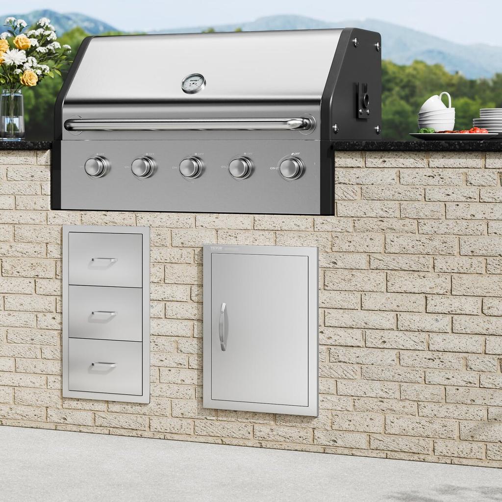 BBQ Access Door, 407x559 mm Single Outdoor Kitchen Door, Stainless Steel Flush Mount Door, Wall Vertical Door with Handle, for BBQ Island, Grilling