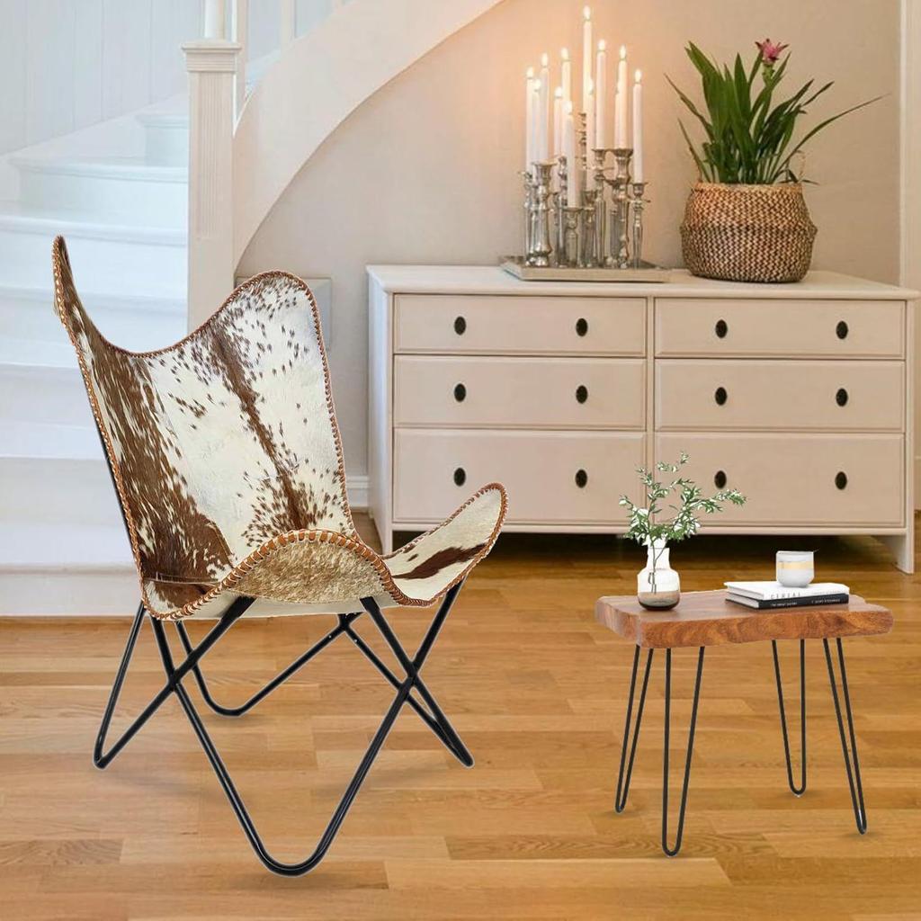 Handmade Brown & White Hair On Leather Butterfly Chair | Genuine Hair On Leather Butterfly Chair Home Decor | Handmade, Accent Arm Chair Iron Frame