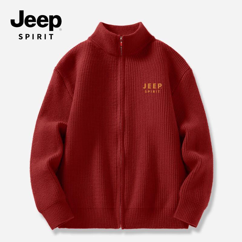 JEEP SPIRIT Men's Thickened Winter Red Knit Sweater