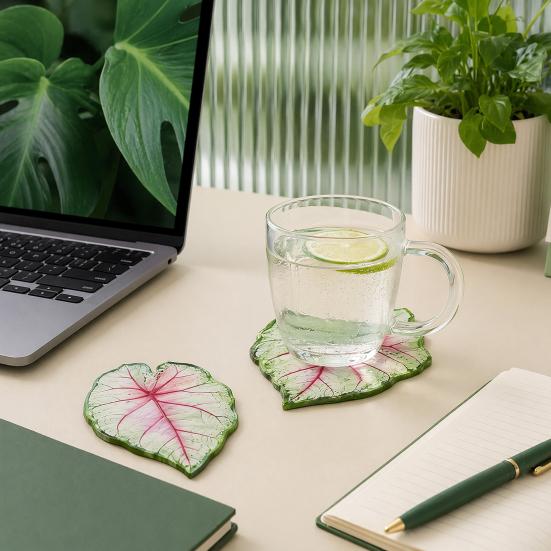 Acrylic Tropical Plant Coasters, Heat Resistant Non-Slip Drink Coasters, Easy Clean Leaf Shaped Pads for Coffee Table Desk Decor, Home Gift