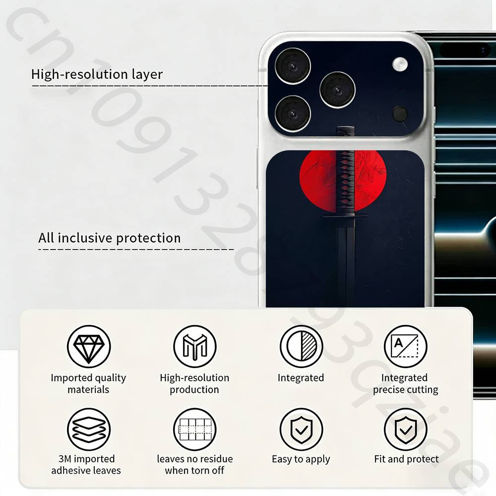 Японский Бусидо Самурай Для iPhone 17 pro Max /17 pro Полное Покрытие Наклейка Кожаная Обертка 3D Цветная Задняя Защитная Пленка-Наклейка