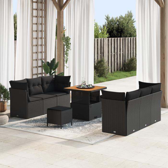 Canapé de jardin 9 pièces avec coussins Noir Rotin poly Acacia, Salle à manger de jardin 3 pièces avec coussins Noir Rotin 3363384