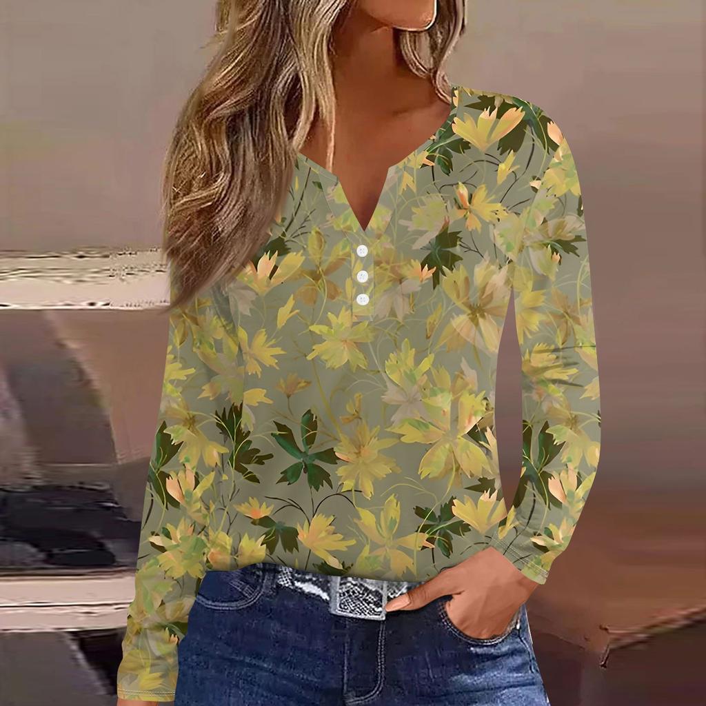 Женская модная повседневная футболка с V-образным вырезом и принтом листьев, с длинными рукавами и декоративными пуговицами