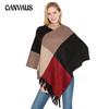 Spring and Autumn Women's Shawl Square Colorblocking Knitted Tassel Pullover Poncho