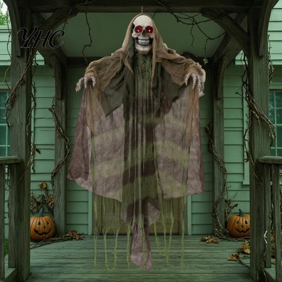Spooky Window Display Decorations Halloween Animatronics Hanging Ghost Decoration, Sound Activated Grim Reaper Prop with LED Distressed Mesh