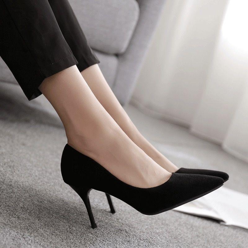 High Heels Women's Spring and Autumn New Black Thin Heels Pointed Light Mouth Suede Professional Shoes Etiquette Shoes