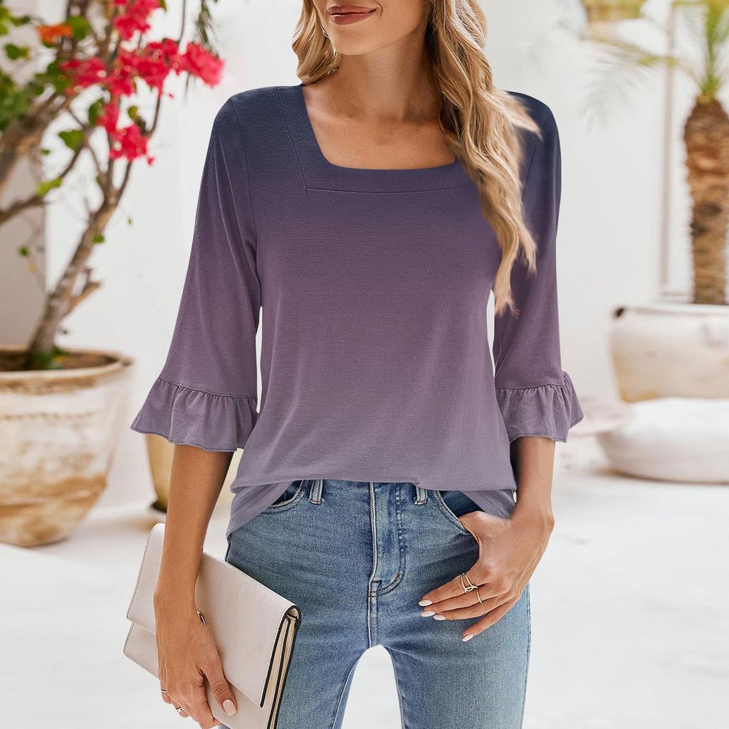 Женские повседневные топы с рукавами 3/4, летние футболки с квадратным вырезом, свободные туники с рюшами, блузки-туники