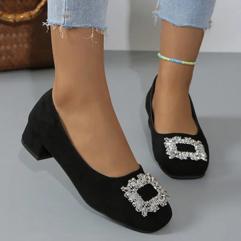 Модные туфли-лодочки Женская обувь 2024 Осень Новые Роскошные Стразы Квадратная Пряжка Свадебная Обувь Невесты Удобные На среднем каблуке Женские туфли-лодочки