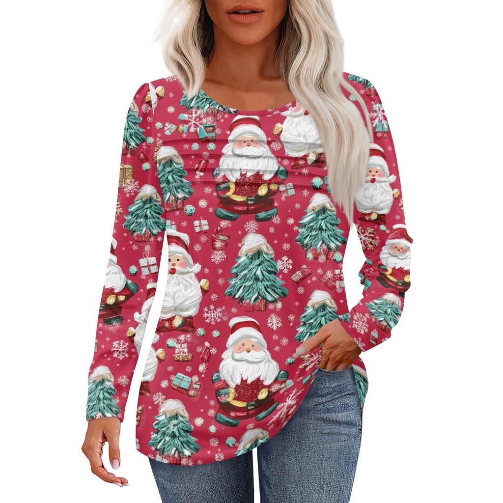 Женская повседневная мода рождественский принт круглый вырез плиссированный длинный рукав топ
