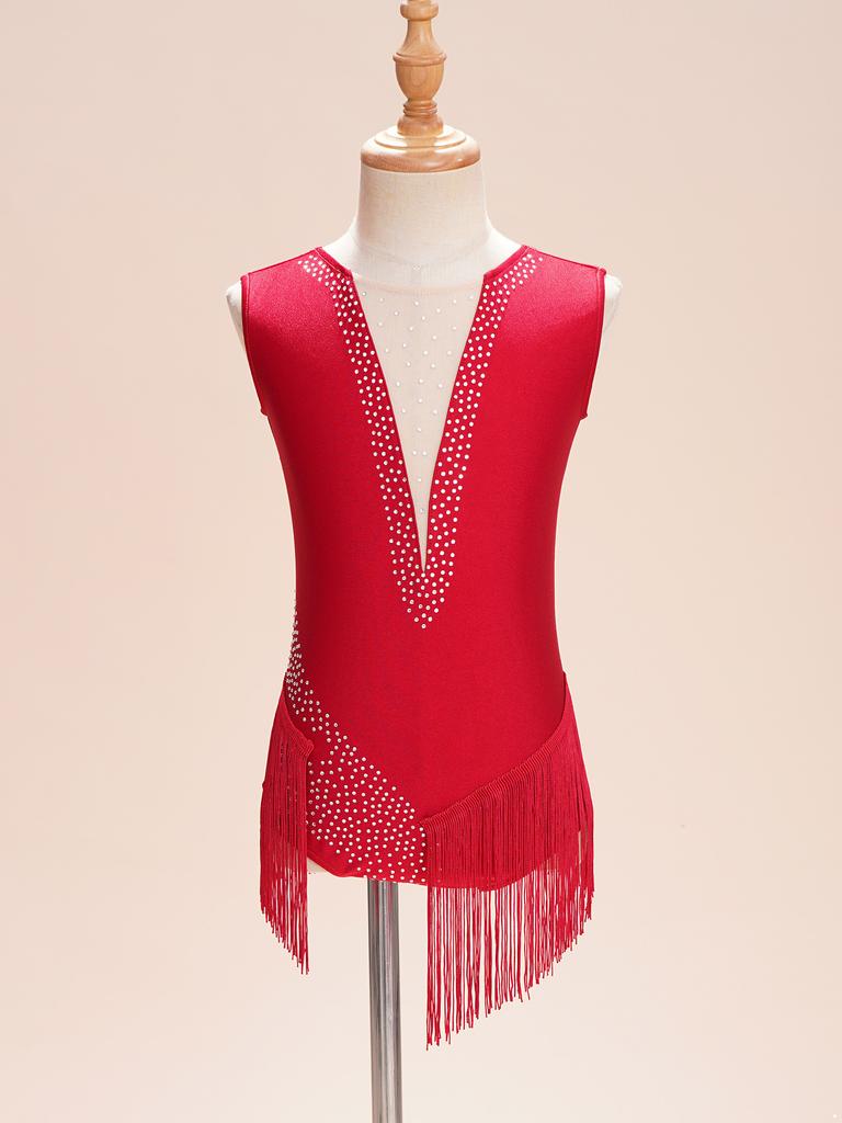 Детский костюм для художественной гимнастики, блестящий купальник с кисточками для танцевальных выступлений