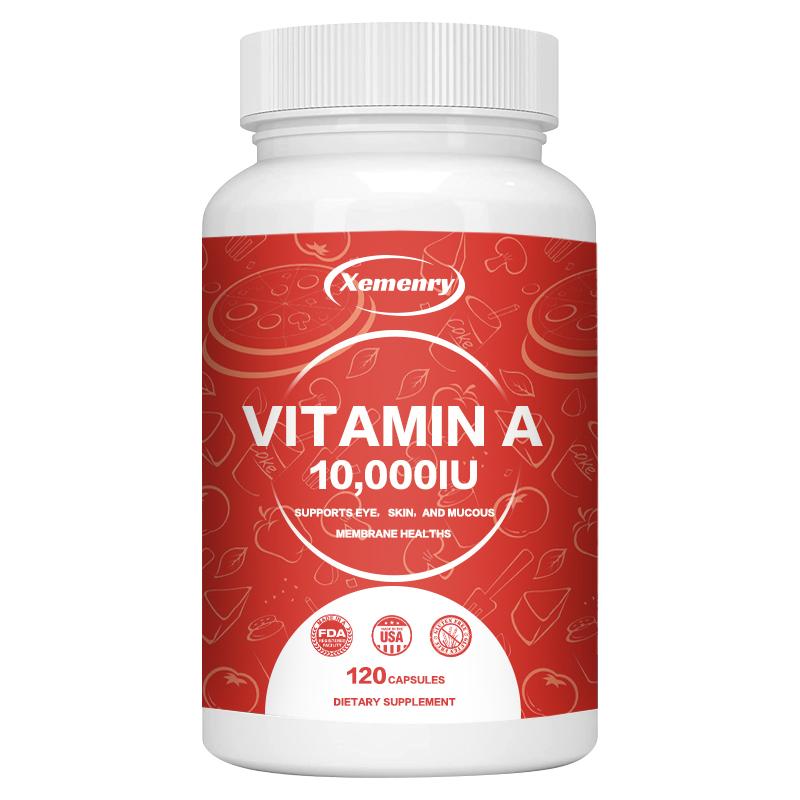 Vitamin A capsules, 10,000 IU per serving, immune system multivitamin, dietary supplement, suitable for adults.