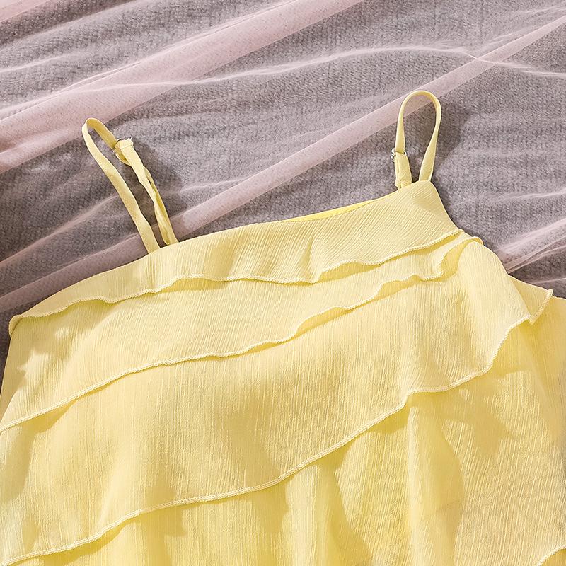 Girls' Fashionable Yellow Spaghetti-Strap Dress: Spring/Summer Children's Beach Vacation-Style Dress