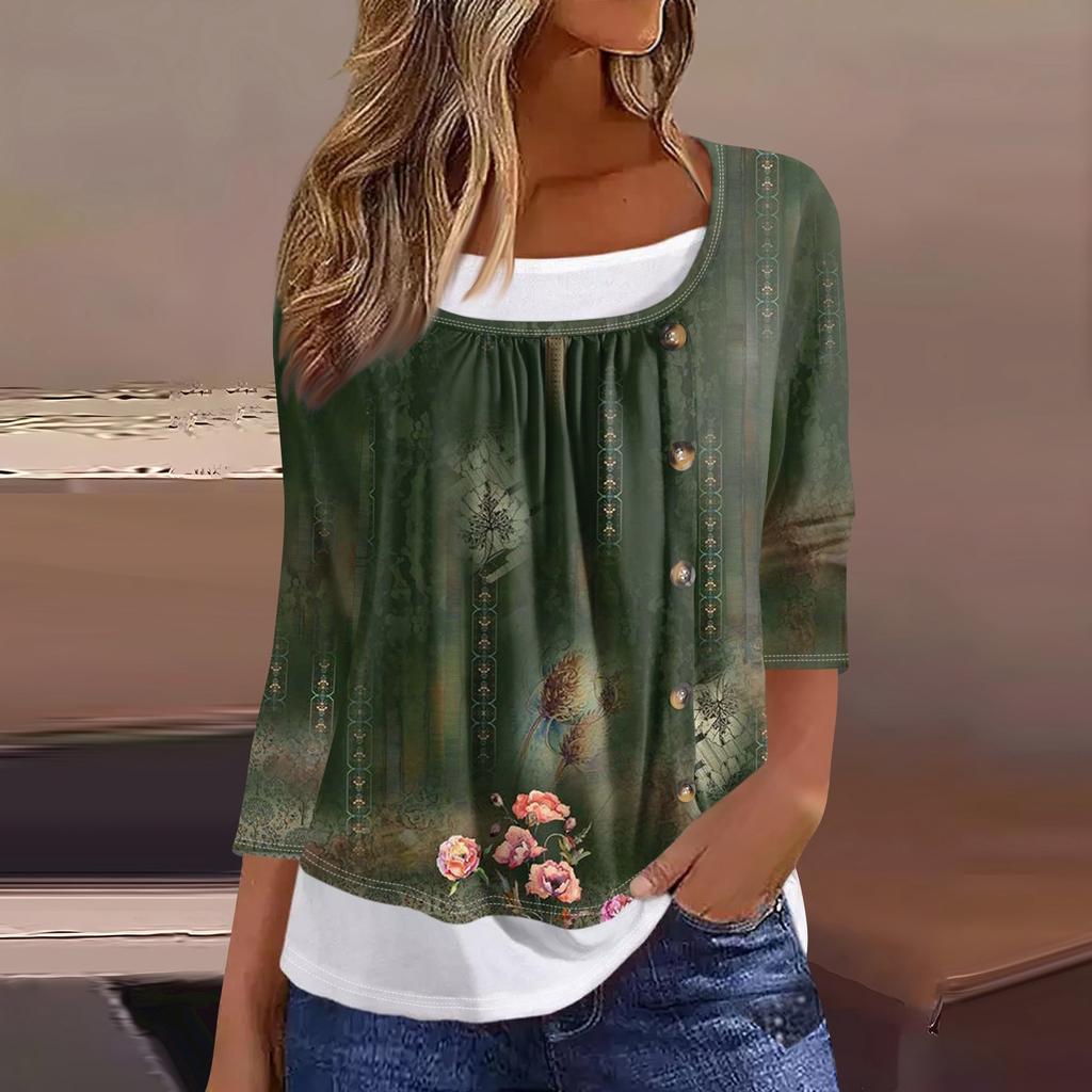 Women's T Shirt Tee Print 3/4 Sleeve Fake Two Pieces Daily Weekend Fashion Basic Regular Top
