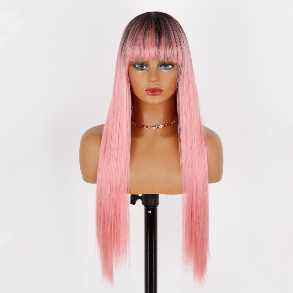 MISS WIG Women Fashion Long Straight Light Blonde Color Wig with Blunt Bangs Synthetic Fiber Daily Wear Long Straight Wig