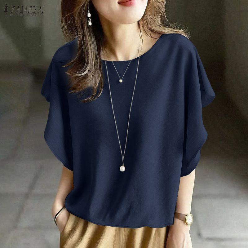 ZANZEA Women Casual Round Neck Summer Short Sleeve Blouse