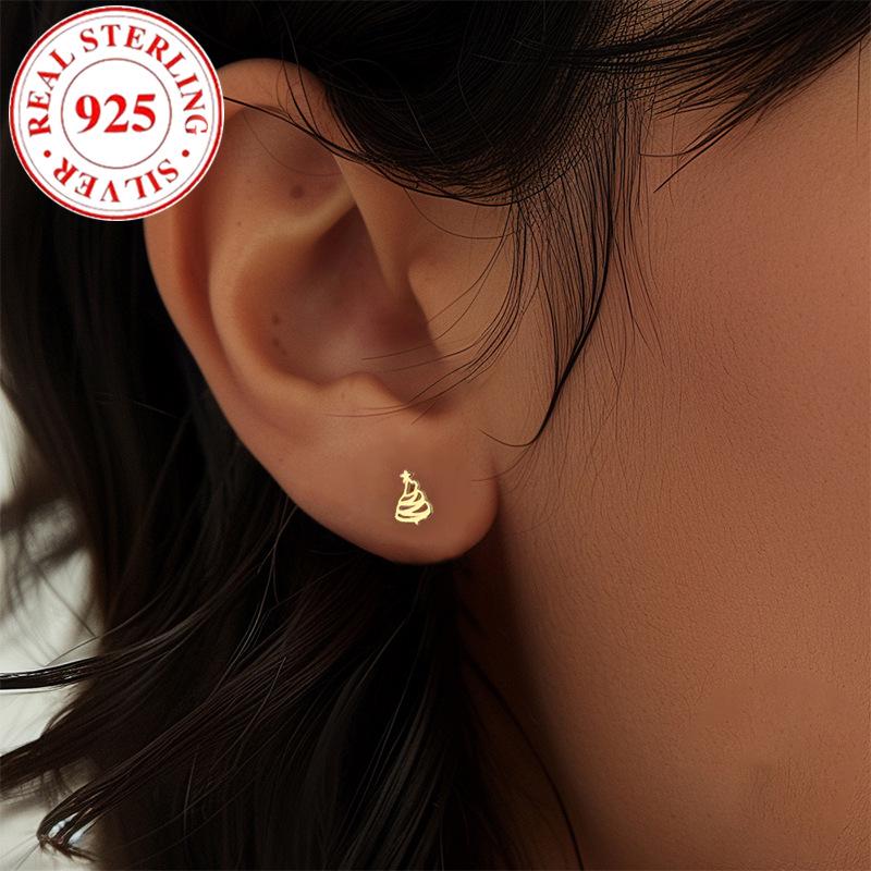 S925 Sterling Silver Christmas Tree Stud Earrings for Women - Fashionable and Simple Holiday Jewelry