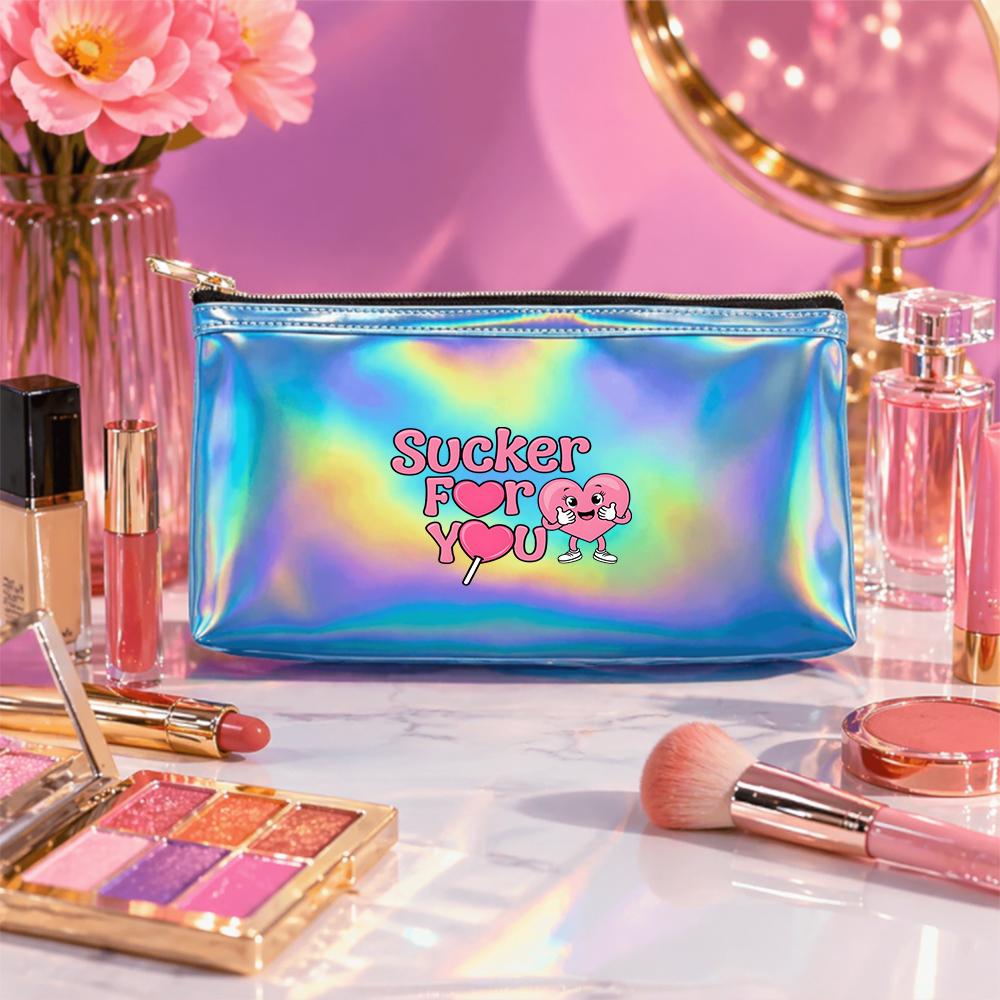 Cute Pink Love Heart and Lollipop Print Laser Cosmetic Makeup Bag, Portable Holographic Toiletry Organizer for Travel Girl Holiday Gift
